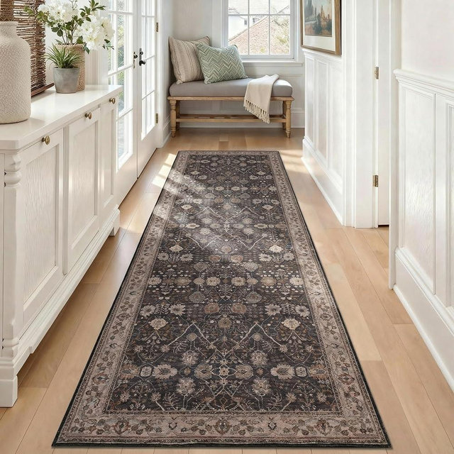 Kuden 2'6"x10 Runner Rug, Machine Washable Area Rug with Non-Slip Backing, Vintage Style, Soft, Easy Clean, Low Pile Rug for Hallway, Entryway, Kitchen, Bedroom