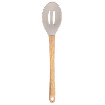 Beige Slotted Silicone Spoon With Wood Handle