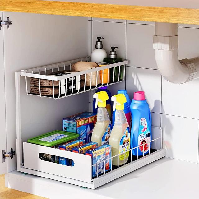 UINOFLE Under Sink Organizers and Storage, 2 Tier Sliding Cabinet Basket Organizer Drawer Pull Out Cabinet Organizer Multi-Purpose Under Sink Organizer for Bathroom Kitchen (White)