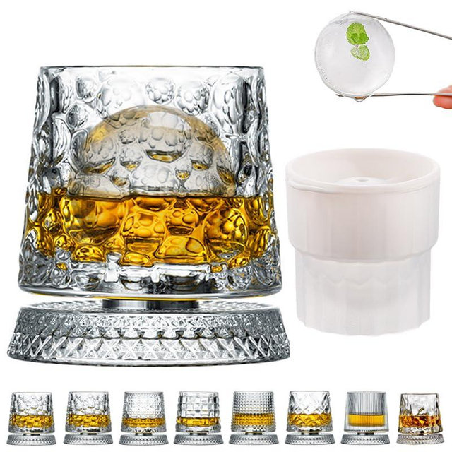 GOWARM 360 Degree Rotating Whiskey Glass Set with Ice Ball Mold, Crystal Clear Bourbon Scotch Glassware for Men, Fun & Novelty Gifts (Pattern 7)