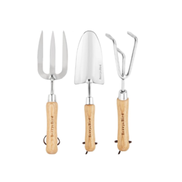 Berry&Bird Garden Tool Set 3 Pieces Stainless Steel Heavy Duty Gardening Kit Includes Hand Trowel, Hand Cultivator and Hand Fork with Wood Handle for Weeding Transplanting Digging, Ideal Garden Gifts