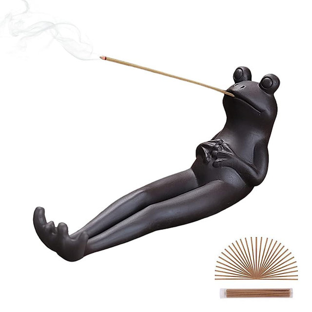 ChangWanna Frog Incense Stick Holder - Ceramic Insence Burner Ash Catcher, Insense Stand with 45 Sandalwood Incense Sticks, Frog Ornament for Aromatherapy/Yoga/Meditation/Home Living Room Office Decor