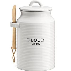 Barnyard Designs Flour Canister for Kitchen Counter, Decorative Ceramic Flour Container, Rustic Farmhouse Canister Jar, White