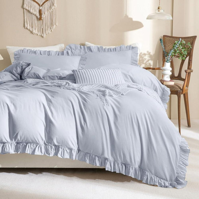 QSH Ruffle Duvet Cover Queen Size Washed Cotton,3pc Linen Feel Farmhouse Shabby Vintage Ruffled Bedding Set French Country Rustic Cornflower Blue Comforter Cover Aesthetic Soft Quilt Cover Set