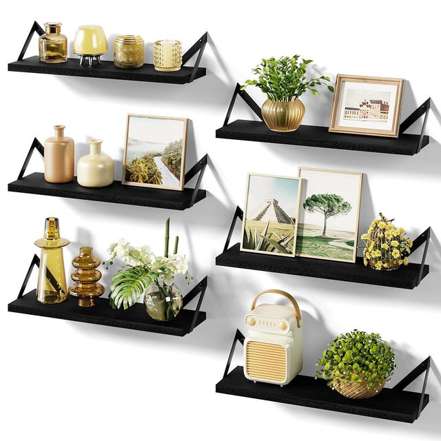 SRIWATANA Floating Shelves for Wall Decor, Wood Wall Shelves for Bathroom, Bedroom, Kitchen, Living Room, Set of 6 (Weathered Black)