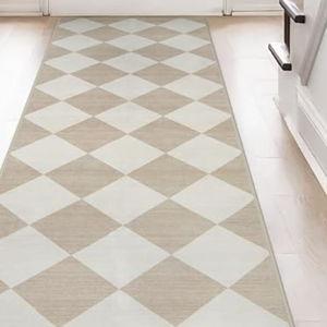 Beeiva Checkered Print Rug Runners for Hallways Non Slip 2.5x8, Ultra Thin Beige Kitchen Runner Rugs Non Skid Washable, Classic Neutral Gingham Decor Faux Wool Carpet for Bathroom Bedroom Entryway