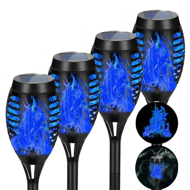 AOUNQ Solar Lights Outdoor Blue, Upgraded 4 Pack Solar Torch Light with Flickering Flame, Solar Garden Lights Waterproof Solar Powered Outdoor Lights Tiki Torches for Outside Yard Pathway Decor