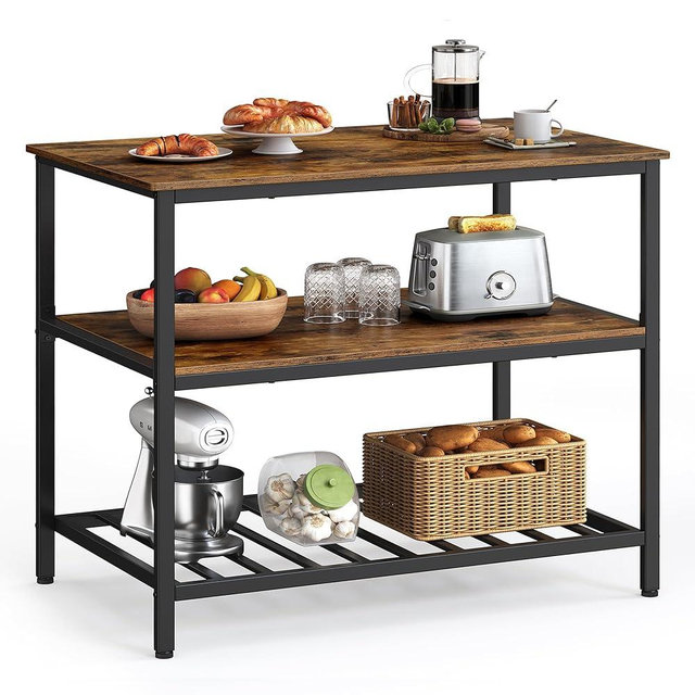 VASAGLE Kitchen Island with 3 Shelves, 39.4 Inches Kitchen Shelf with Large Worktop, Stable Steel Structure, Industrial, Easy to Assemble, Rustic Brown and Black UKKI005B01