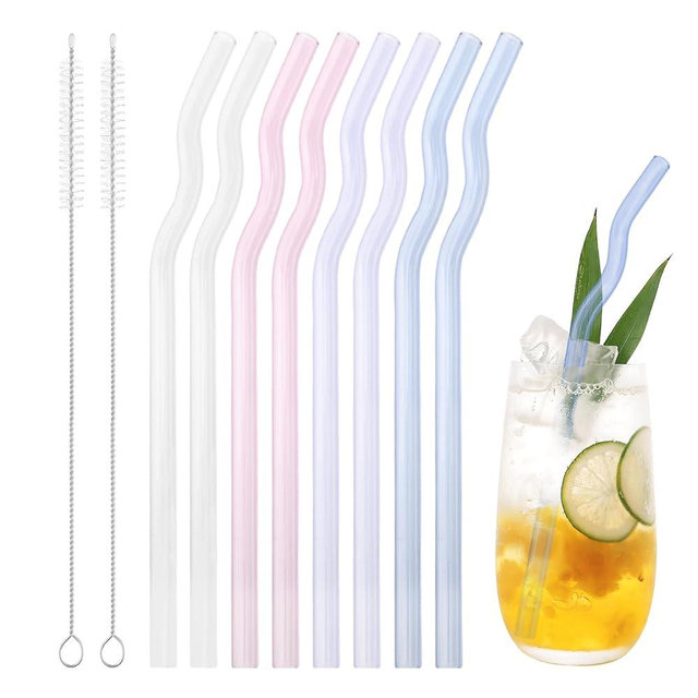 8 Pcs Reusable Wavy Glass Straws, Colorful Glass Straws Shatter Resistant 7.9" X 8mm Cute Drinking Straw with 2 Cleaner Brushes for Hot/Cold Beverages, Milk, Coffee, Juice, Wine