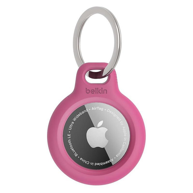 Belkin Apple AirTag Secure Holder with Key Ring - Durable, Scratch-Resistant Case with Open Face & Raised Edges - Protective AirTag Keychain Holder Accessory for Keys, Pets, Luggage, & More - Pink
