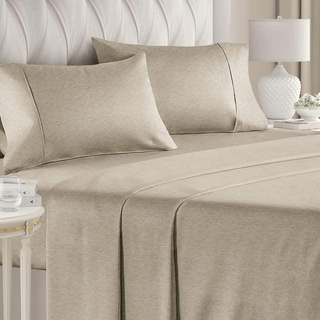 Queen Size Sheet Set - 4 Piece Set - Softer Than Jersey Cotton - Same Look as Jersey Knit Sheets & T-Shirt Sheets - Deep Pockets - Breathable & Cooling Sheets - Wrinkle Free - Heathered Beige – 4PC