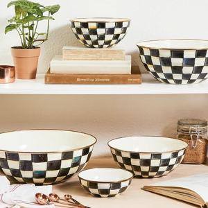 MACKENZIE-CHILDS Enamel Everyday Bowl, Serving Bowl for Entertaining, Large, Black-and-White Courtly Check, Set of 1