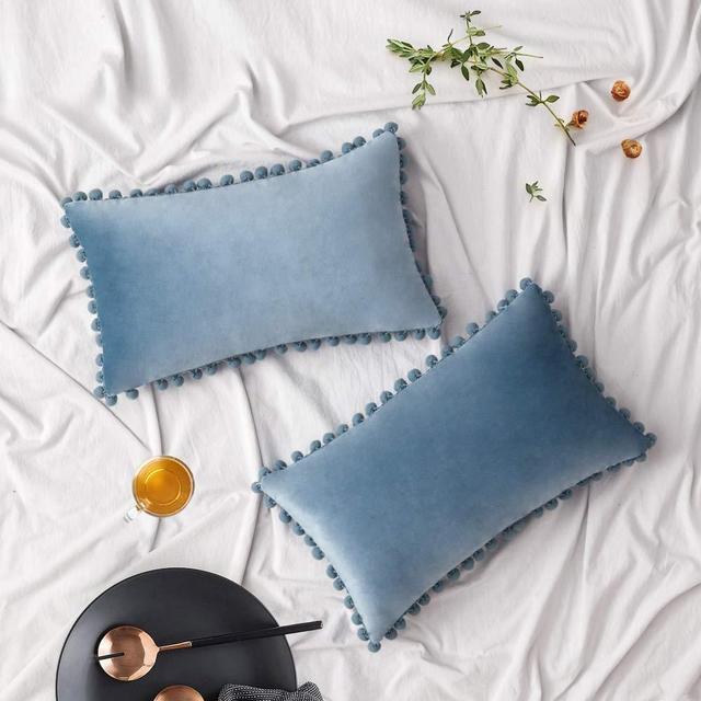 Woaboy Pack of 2 Velvet Throw Pillow Covers Pompom Decorative Pillowcases Solid Soft Cushion Covers with Poms Square Cojines for Couch Living Room Sofa Bedroom Car 12x20inch 30x50cm Light Blue