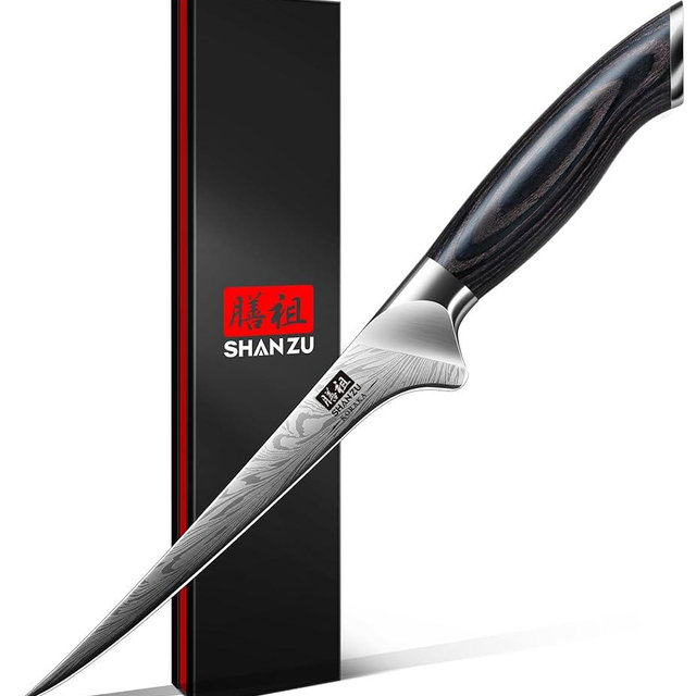 SHAN ZU Fillet Knife 7 Inch, Powder Steel Boning Knife High Carbon Japanese Filleting Knives, Ultra Sharp Deboning Knives for Meat Cutting, Fish Knive's with Ergonomic Pakkawood Handle
