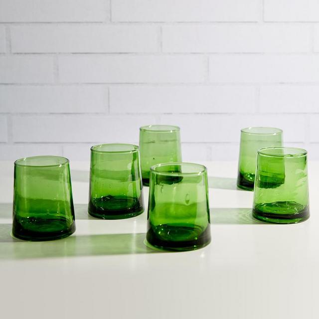 Moroccan Handcrafted Recycled Drinking Glasses, 8 Oz, Set of 6, Olive