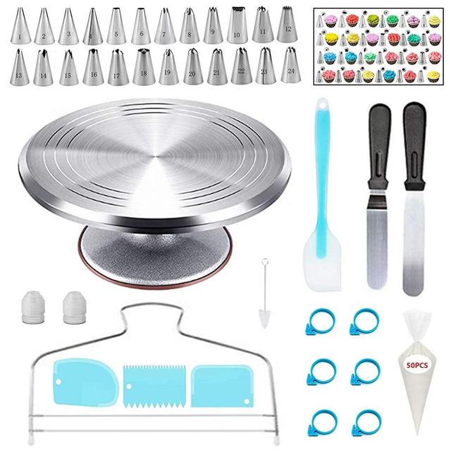 YOQXHY 92 Pcs Cake Decorating Kit Supplies with Aluminium Alloy Rotating Cake Turntable & Leveler,24 Numbered Icing Tips,3 Spatulas,3 Comb Scrapers,2 Couplers,50 Disposable Pastry Bags