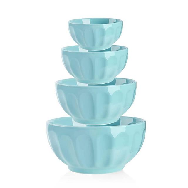 Sweese 129.402 Porcelain Fluted Bowls 10-26-42-64 Ounce Various Size Bowl Set - Set of 4, Turquoise