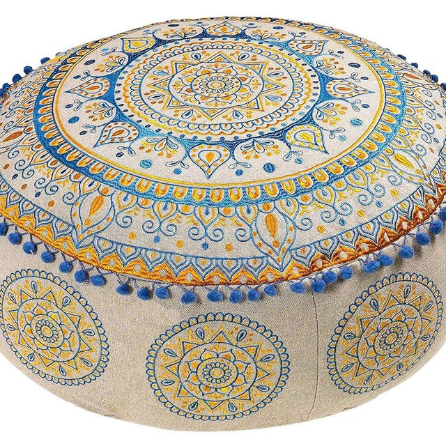 Boho Floor Pillow Cover Round Moroccan Large Pouf Ottoman Room Décor Cushion for Meditation Yoga and Boho Chic Bohemian Furniture Perfect for Living Room, Bedroom, Nursary or Children Room Unstuffed