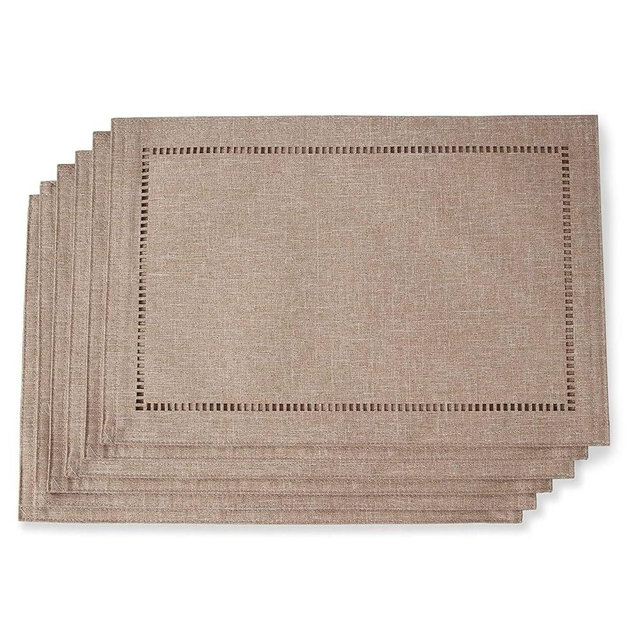 Tosewever Set of 6 Decorative Linen Placemats 12 x 18 Inches, Farmhouse Style Table Mats for Everyday Dining Wedding Party Holiday Home Decor (6 Pieces 12 x 18”, Light Coffee/Straight)