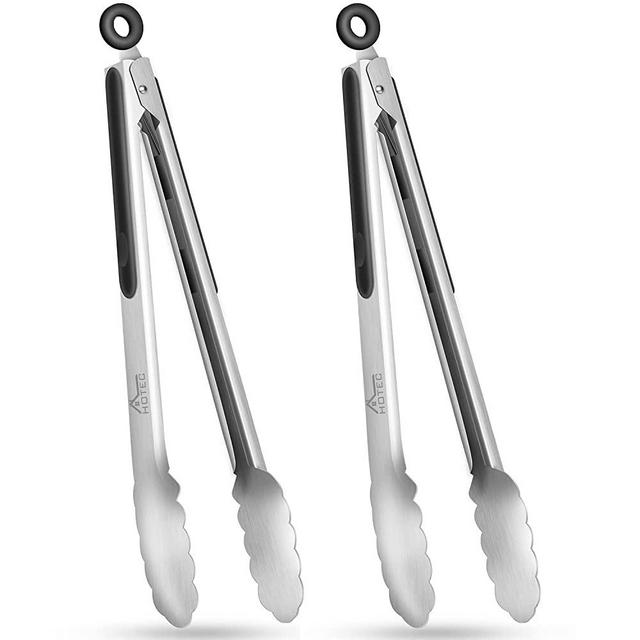 HOTEC Stainless Steel Kitchen Tongs Set of 2 - 12 inch, Locking Metal Food Tongs Non-Slip Grip (Black)