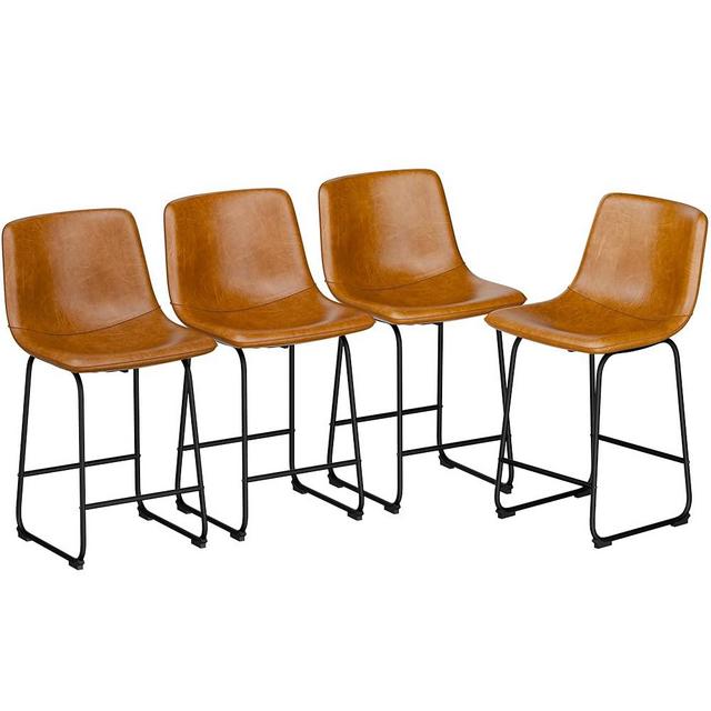 REONEY Bar Stools Set of 4, PU Leather Counter Height Bar Stools, 26" Modern Bar Stools with Metal Legs and Footrest, Urban Armless Dining Chairs with Backrest for Kitchen Island (Brown)