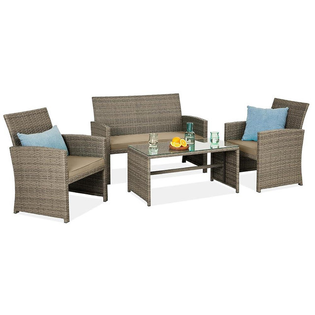 Best Choice Products 4-Piece Outdoor Wicker Patio Conversation Furniture Set for Backyard w/Coffee Table, Seat Cushions - Taupe/Desert