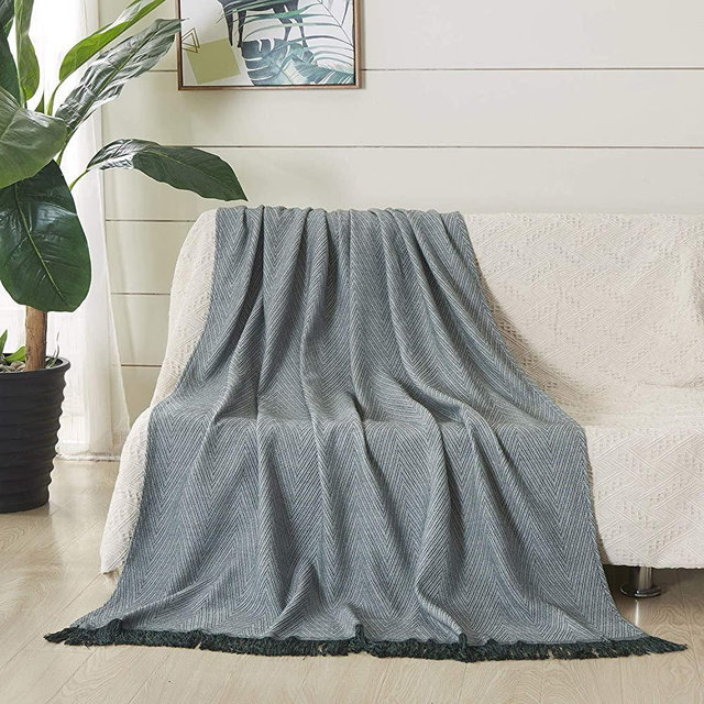JML Bamboo Cotton Throw Blanket, Soft Smooth Jacquard Organic Throw Blanket with Tassels Shawls and Wraps Cotton Couch Blankets for Bed Sofa Chair Travel Lap Summer Adult,50" X 60-Wave Pattern Green