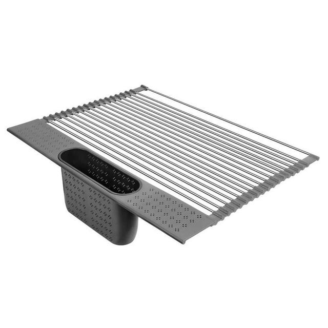 Sindax Roll Up Dish Drying Rack Over The Sink with Large Size Multipurpose Foldable Stainless Steel Over Sink with Utensil Holder (Dark Gray, 20"×15.4")