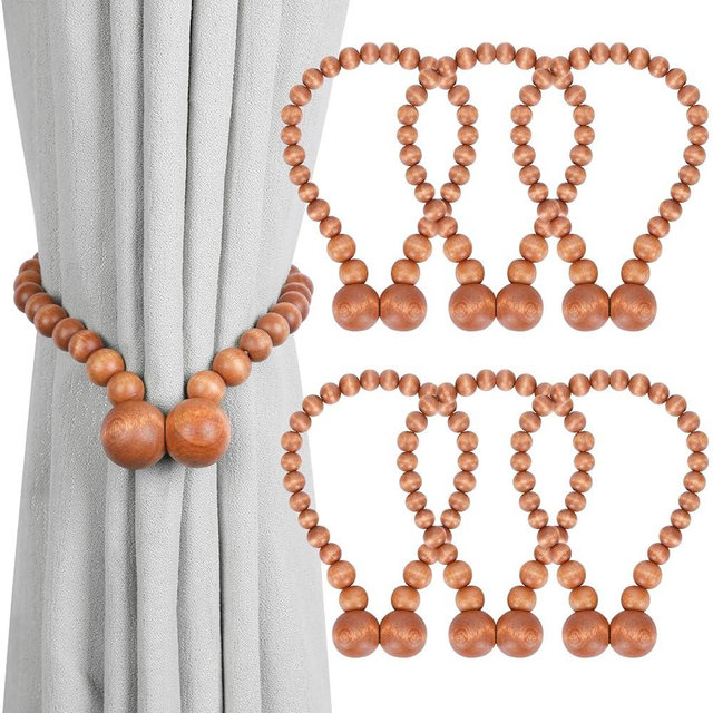 KLOGTSIND Magnetic Curtain Tiebacks, Curtain Tie Backs for Curtains 6 Pack, Wood Bead Curtain Tiebacks, Curtain Holders for Boho Bedroom Decor, Baby Nursery Decor, Farmhouse Decor