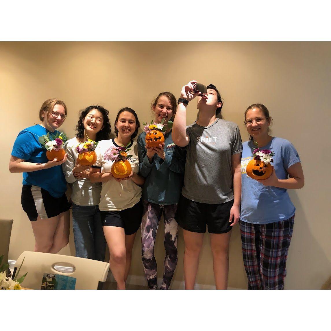 Sonya's friends in town for her birthday shenanigans. Everyone decorated pumpkins while Sonya drank...classic