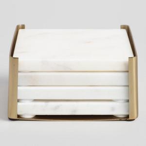 White Marble Square Coasters in Gold Holder Set of 4