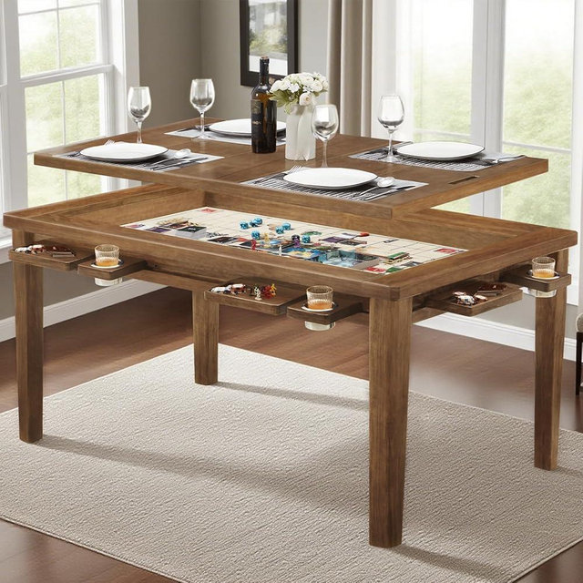 Haddockway 63" ×39“ Board Game Table with Removable Top, Solid Wood Dining/Gaming Table for 4-6 Players with Play Mat, 6 Detachable Cup Holders & 6 Hobby Trays (Light Walnut)