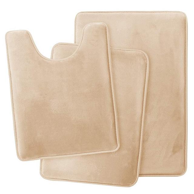 Clara Clark Bathroom Rugs, Velvet Memory Foam Bath Mat, Ultra Soft Non Slip and Absorbent - Waffled - Set Small, Large & Contour - Beige, Size: Set of