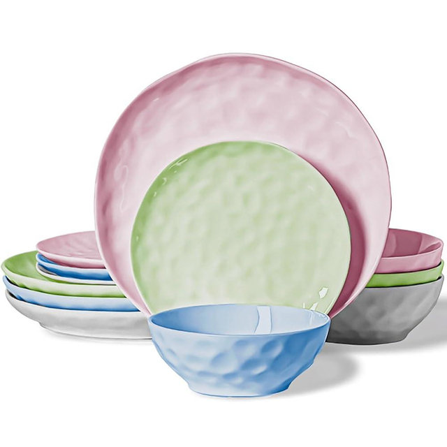 HOMBENE Plates and Bowls Sets, Dinnerware Set 12 Piece Service Porcelain Dinnerware for 4, for Dessert Salad and Pasta, Mixed Colors Dishes