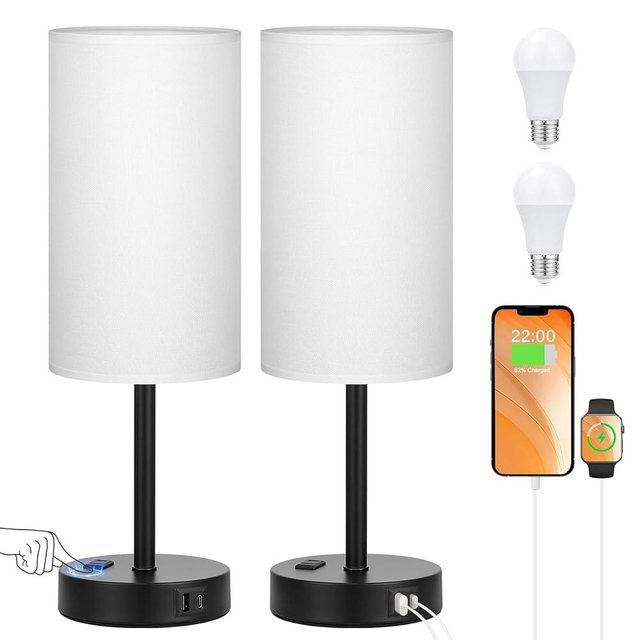 17.4inches Tall White Bedroom Lamps Set of 2-3 Way Dimmable Touch Table Lamps with USB C and A Ports, Lamps for Nightstand with AC Outlet, Desk Lamps with Black Base for Office