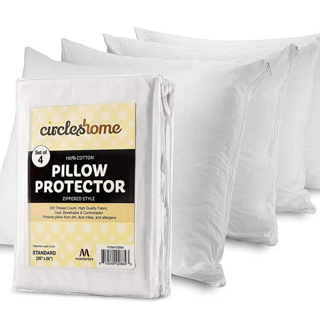 CIRCLESHOME Pillow Protectors 4 Pack Standard Zippered | 100% Cotton Breathable Pillow Covers | Protects from Dirt, Dust & Allergens | Hypoallergenic & Quiet (Standard - Set of 4-20x26)