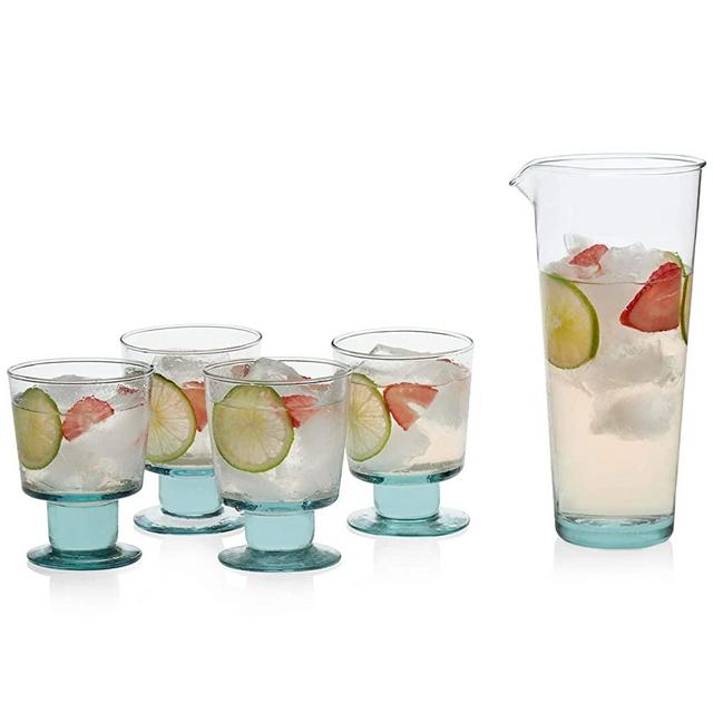 Libbey Prologue Luna Recycled Handblown Entertaining Set with 4 Stemmed Rocks Glasses and Carafe