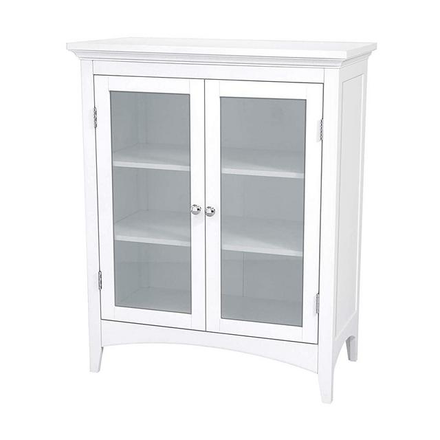 Elegant Home Fashions Madison Freestanding Floor Cabinet Bathroom Kitchen Living Room Storage Organizer with 2 Glass Doors 2 Adjustable Inner Shelves, White