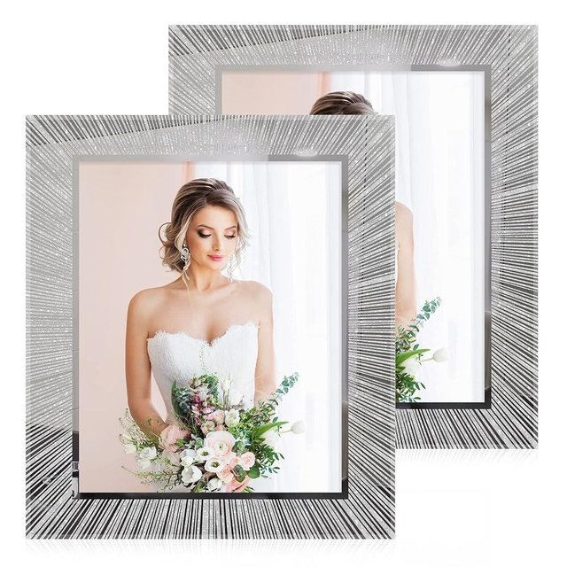 Flocey 8x10 Picture Frame Glass 2 Pack, Sparkly Glitter Photo Frame 8 x 10 Mirror Crystal Wedding Gift Wall and Tabletop Display