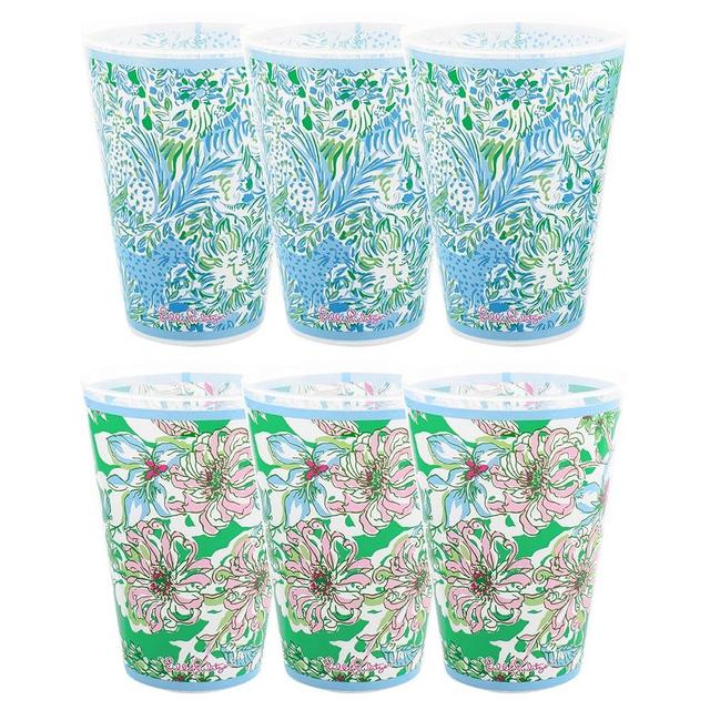 Lilly Pulitzer 14 Ounce Reusable Plastic Pool Cups, Set of 6 Durable Kid-Friendly Drinking Glasses, Dandy Lions/Blossom Views