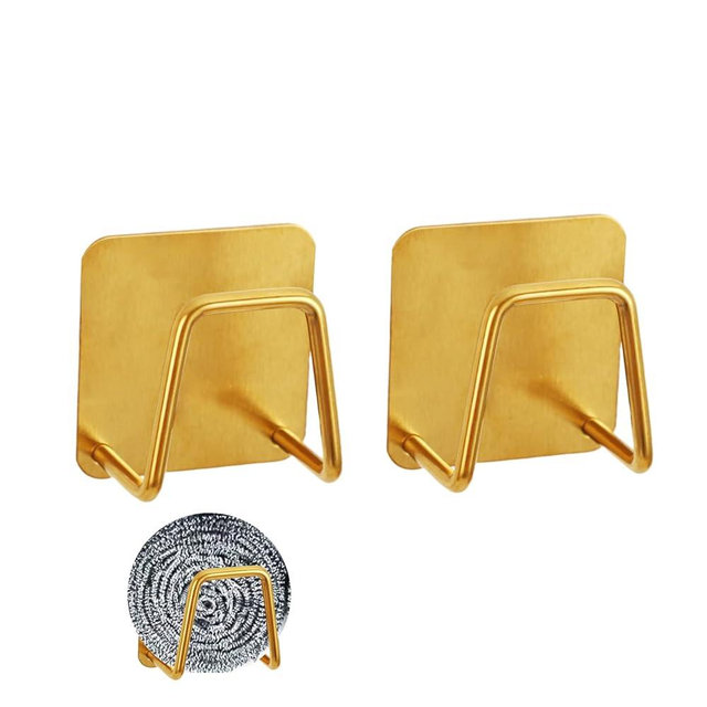 Blueden 2Pcs Adhesive Sponge Holder for Kitchen Sink Essentials,Stainless Steel Dish Sponge Holder for Sink Soap Sponge Holder,Rustproof and Waterproof, Quick Drying, Minimal Size Save Sink Space,Gold