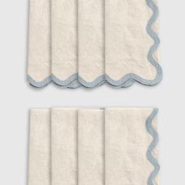 Flax/Dusty Blue - European Linen Scallop Edge Napkins (Set of 8)