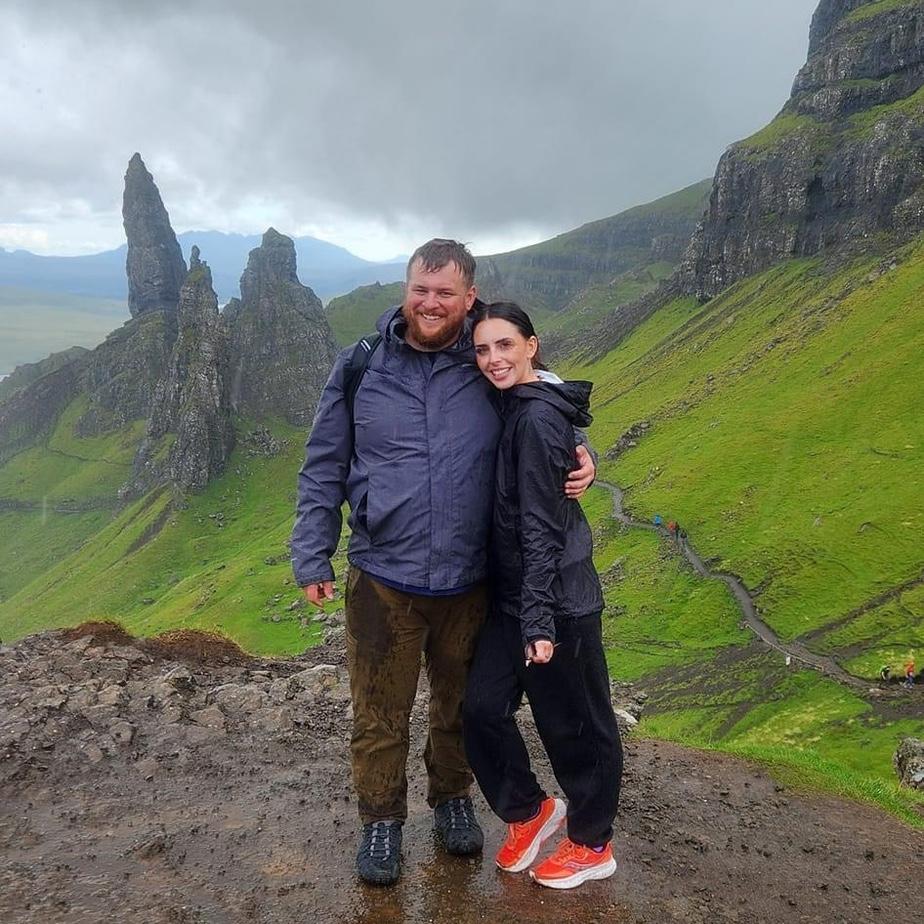 Reaching the top of Old Man of Storr in Scotland.