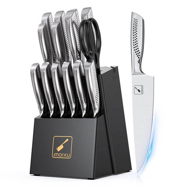 imarku Knife Set,15 PCS Kitchen Knife Set With Block, Premium HC Stainless Steel Knife Block Set With Built-in Sharpener, Kitchen Knives With Ergonomic Handle, Dishwasher Safe, Black