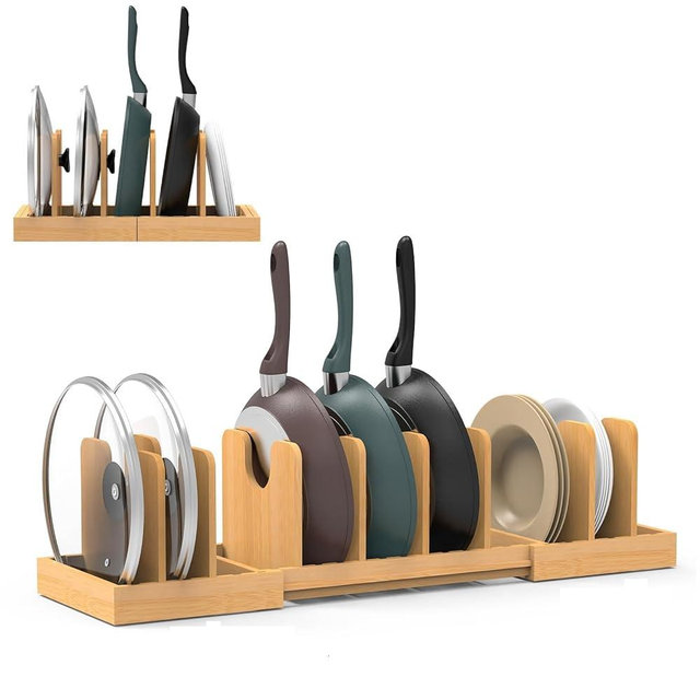 WRONWA Pots and Pans Organizer Under Cabinet, Expandable Pot Lid Organizer, Bamboo Pan Organizer, Pot and Pan Organizer Rack for Kitchen Countertop or inside Cabinet