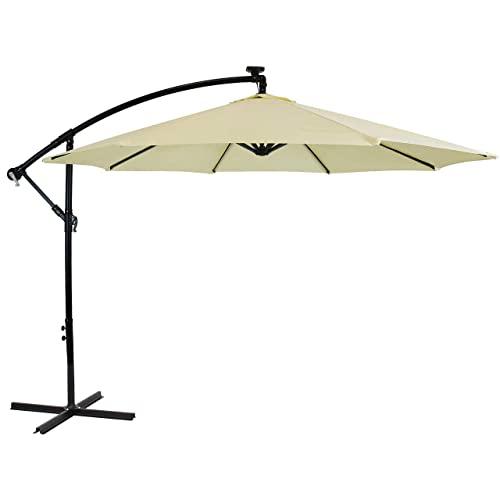 Sunnydaze Outdoor Cantilever Offset Patio Umbrella with Solar LED Lights - Outside Waterproof Polyester Shade Steel Pole - Air Vent, Cross Base and Crank - 9-Foot - Multiple Colors Available