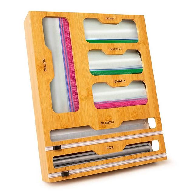 ZEMAKS Bamboo Ziplock Bag Organizer with Foil and Plastic Wrap Organizer for Drawer with Cutter, Compatible with all Ziplock Bag Sizes, any 12 Inches Roll and 13.5 Inches Wide Drawer