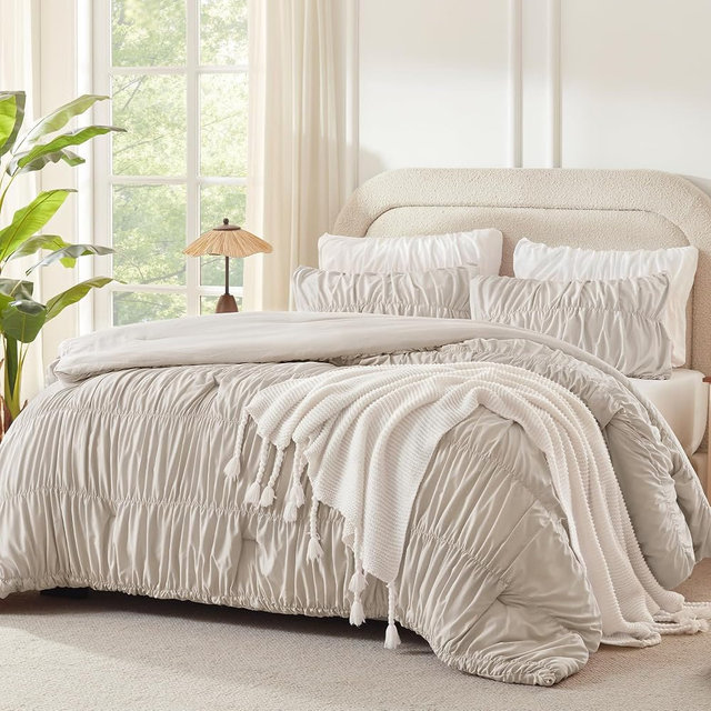 Andency Linen Grey Ruched Comforter Set King Size, Shabby Chic Pleated Bedding Sets 3 Pieces, Lightweight Soft Boho Ruffle Bed Set for Girls, Kids, Women, All Season