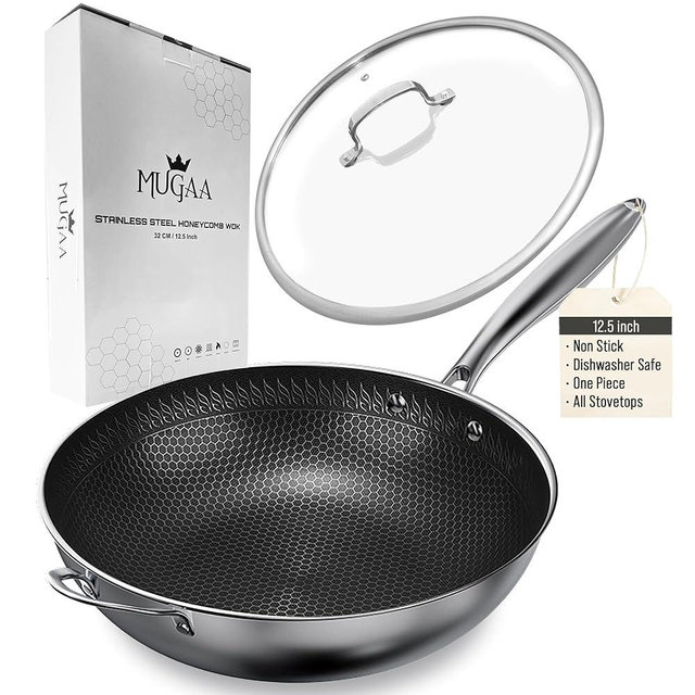 MUGAA 12.5” Nonstick Stainless Steel Wok Pan with Lid | Tri-Ply Honeycomb Hybrid Stir-Fry Pan | Nonstick Woks & Stir-Fry Pans | PFOA-Free, Induction, Dishwasher & Oven Safe
