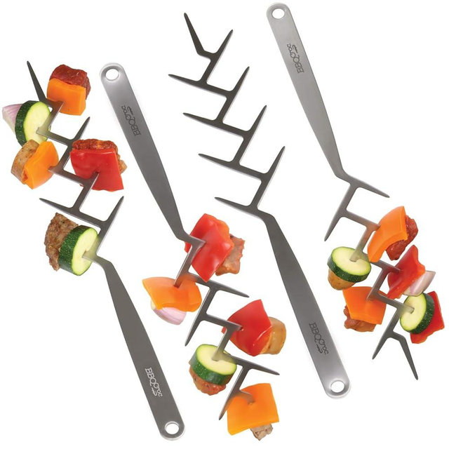 BBQ Croc ZIG ZAG Skewers – Set of 4 – Brushed Stainless Steel 15” Kabob Brochettes for Barbecue and Oven, Reusable Flat Branch Style